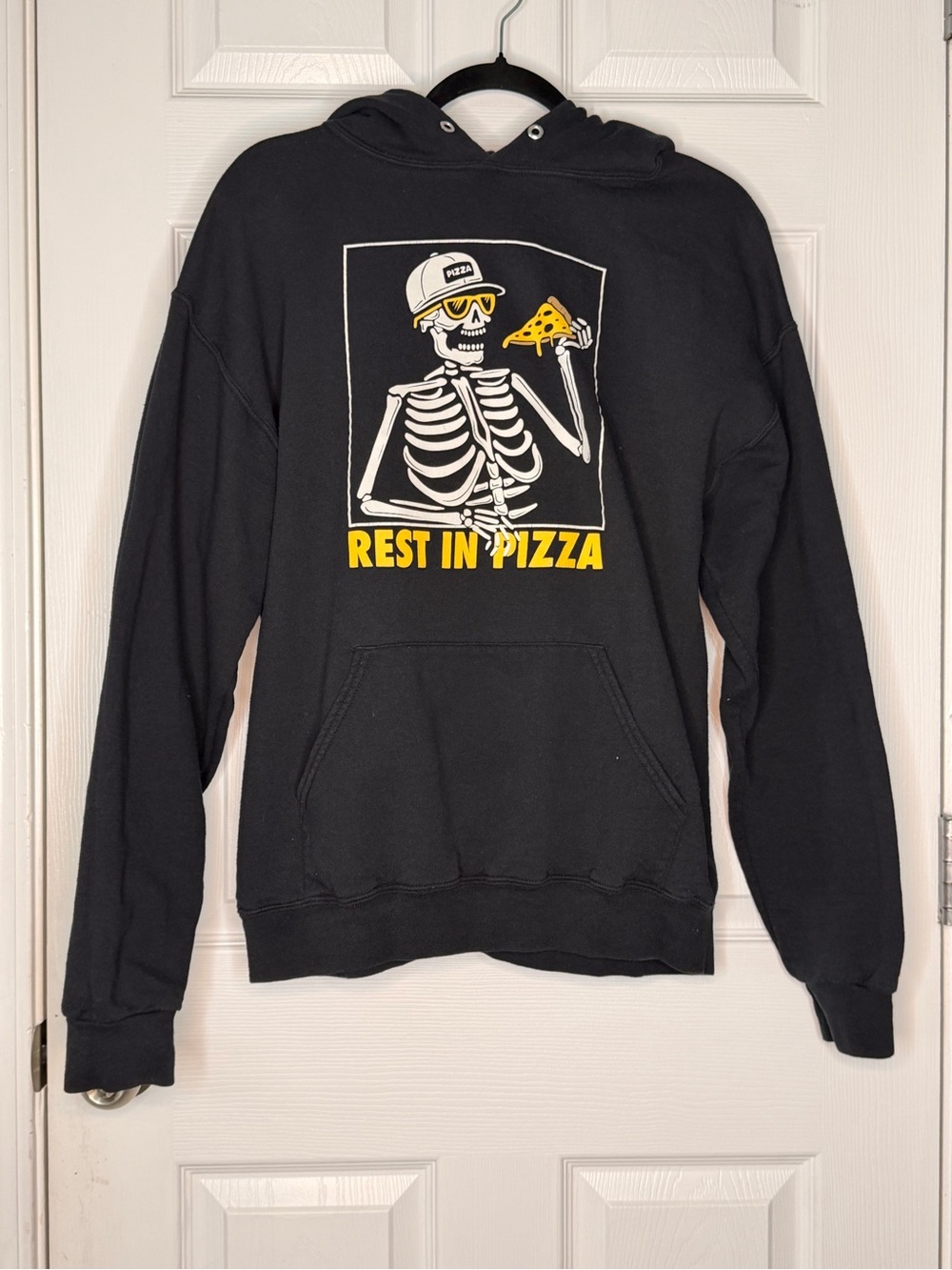 Rest In Pizza Graphic Skeleton Hoodie - Black with Yellow Accents
